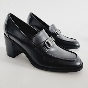 Marc Fisher Black Faux Leather Chunky Block Heel Horsbit Loafers Size 9.5